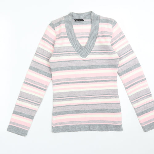 Logo Womens Multicoloured Striped Acrylic Basic T-Shirt Size L V-Neck