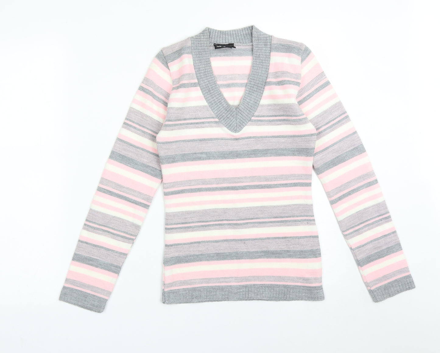Logo Womens Multicoloured Striped Acrylic Basic T-Shirt Size L V-Neck