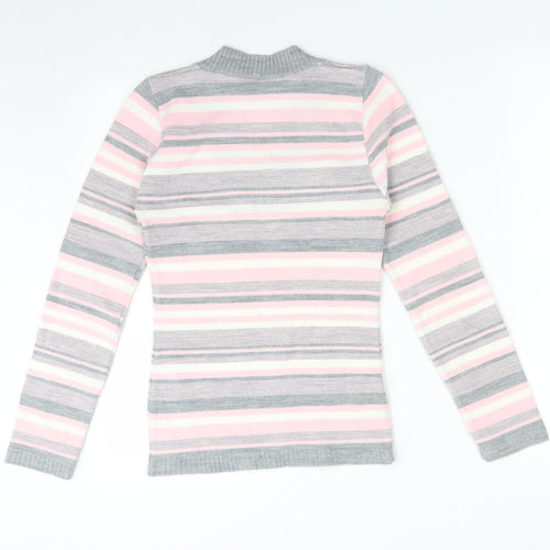 Logo Womens Multicoloured Striped Acrylic Basic T-Shirt Size L V-Neck