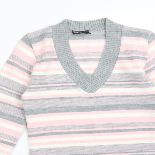 Logo Womens Multicoloured Striped Acrylic Basic T-Shirt Size L V-Neck