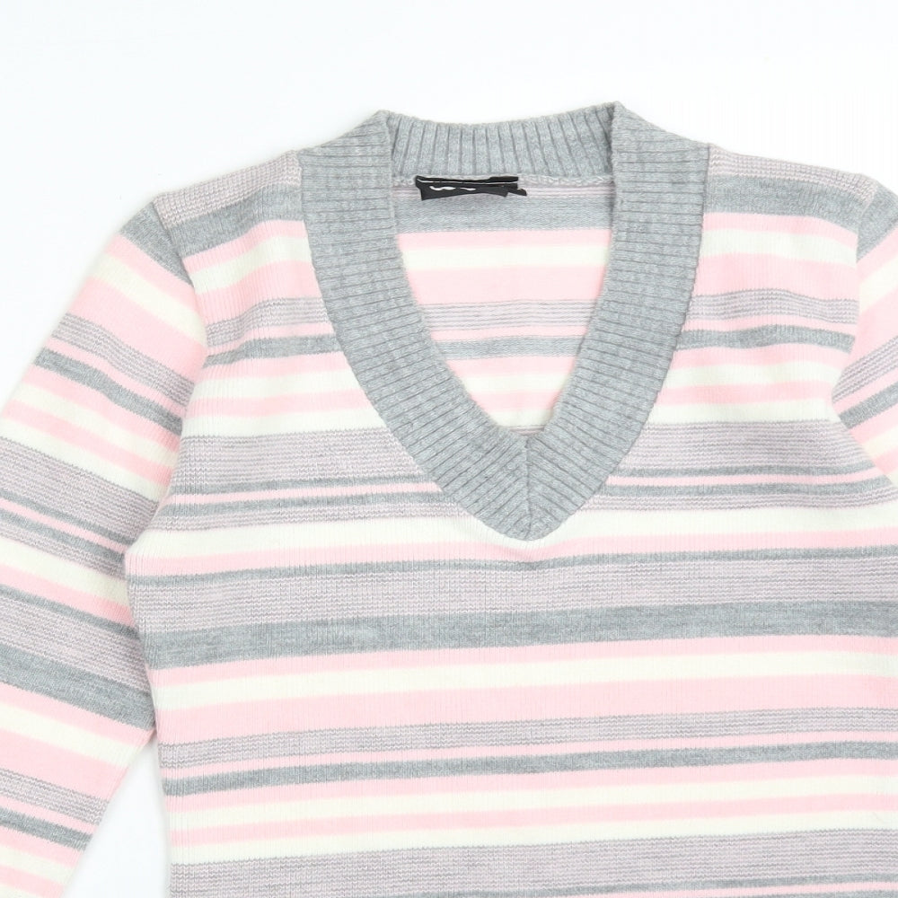 Logo Womens Multicoloured Striped Acrylic Basic T-Shirt Size L V-Neck