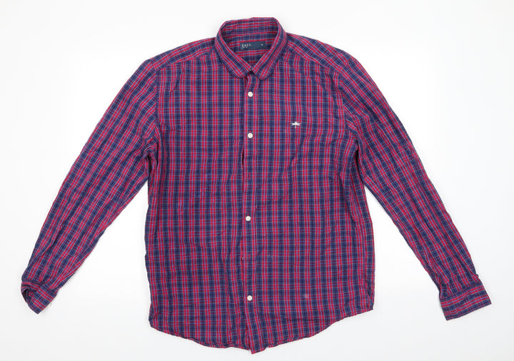 Easy Mens Red Check Cotton  Button-Up Size M Collared  - Red Blue Check