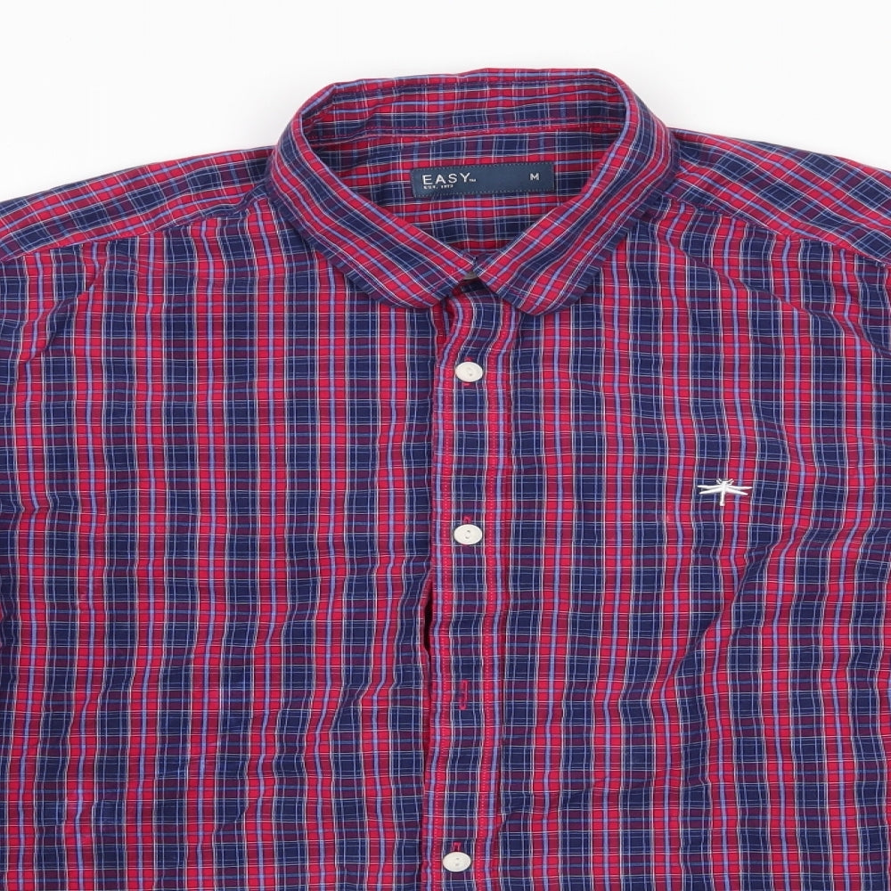 Easy Mens Red Check Cotton  Button-Up Size M Collared  - Red Blue Check