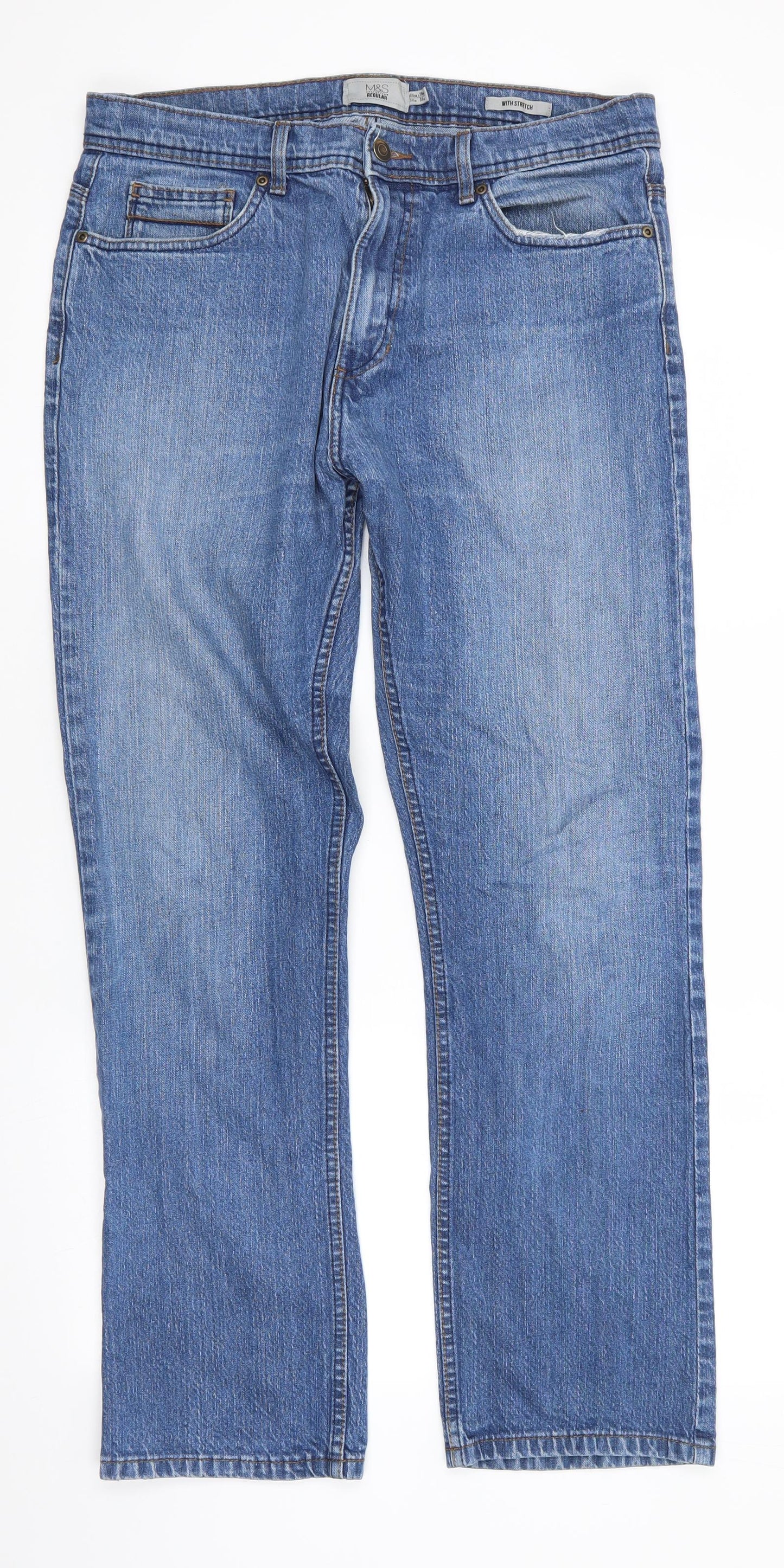 Marks and Spencer Mens Blue  Cotton Straight Jeans Size 34 in L33 in Regular