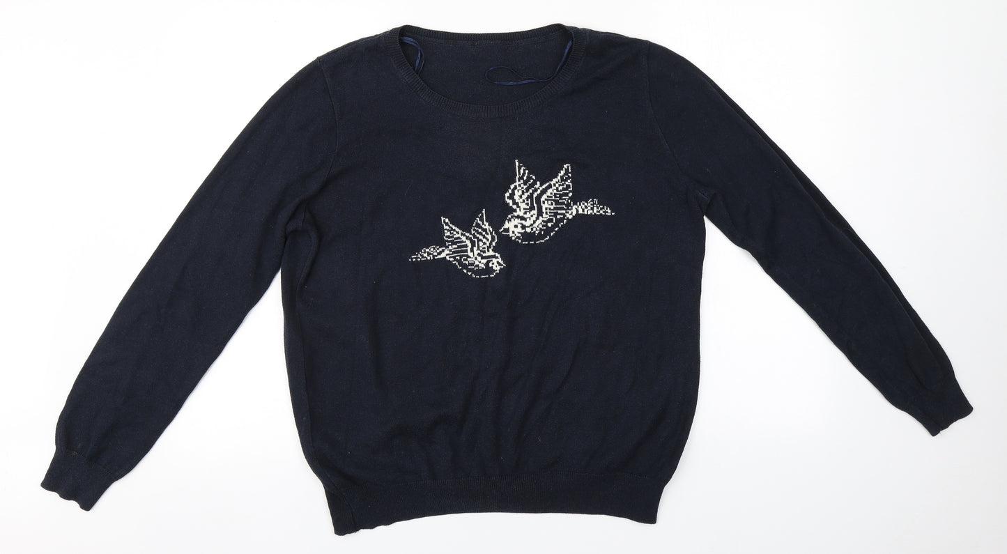 F&F Womens Blue Round Neck  Cotton Pullover Jumper Size 18   - Birds