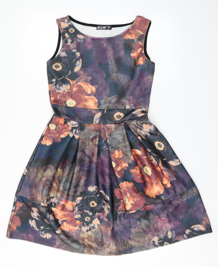 MissLook Womens Multicoloured Floral Polyester A-Line Size 12 Round Neck