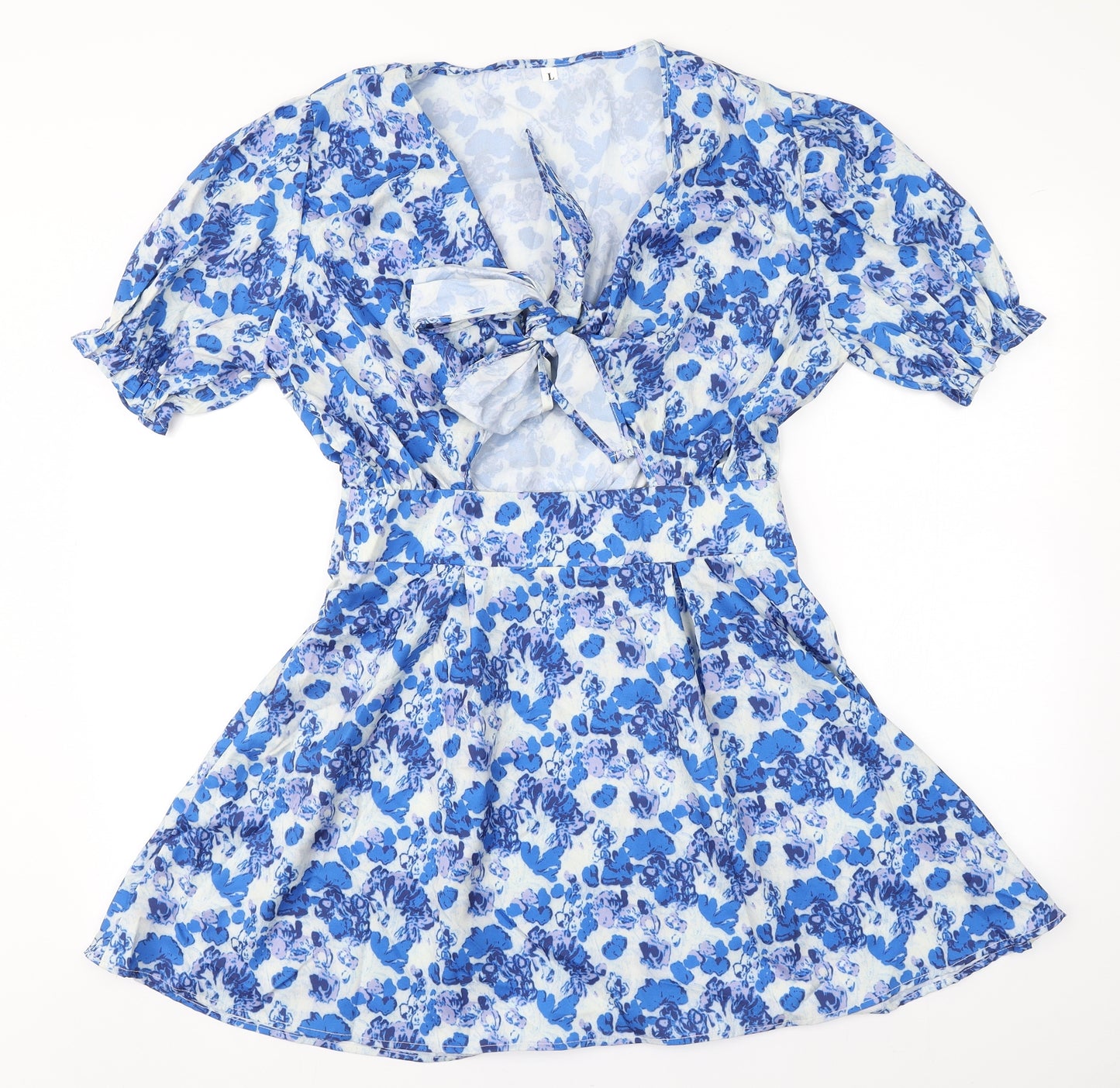 SheIn Womens Blue Floral Polyester A-Line  Size L  V-Neck