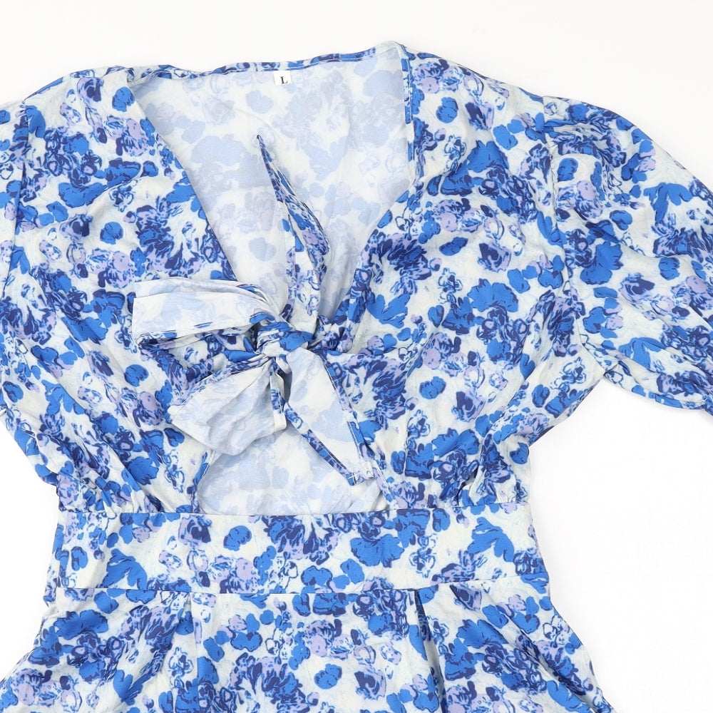 SheIn Womens Blue Floral Polyester A-Line  Size L  V-Neck