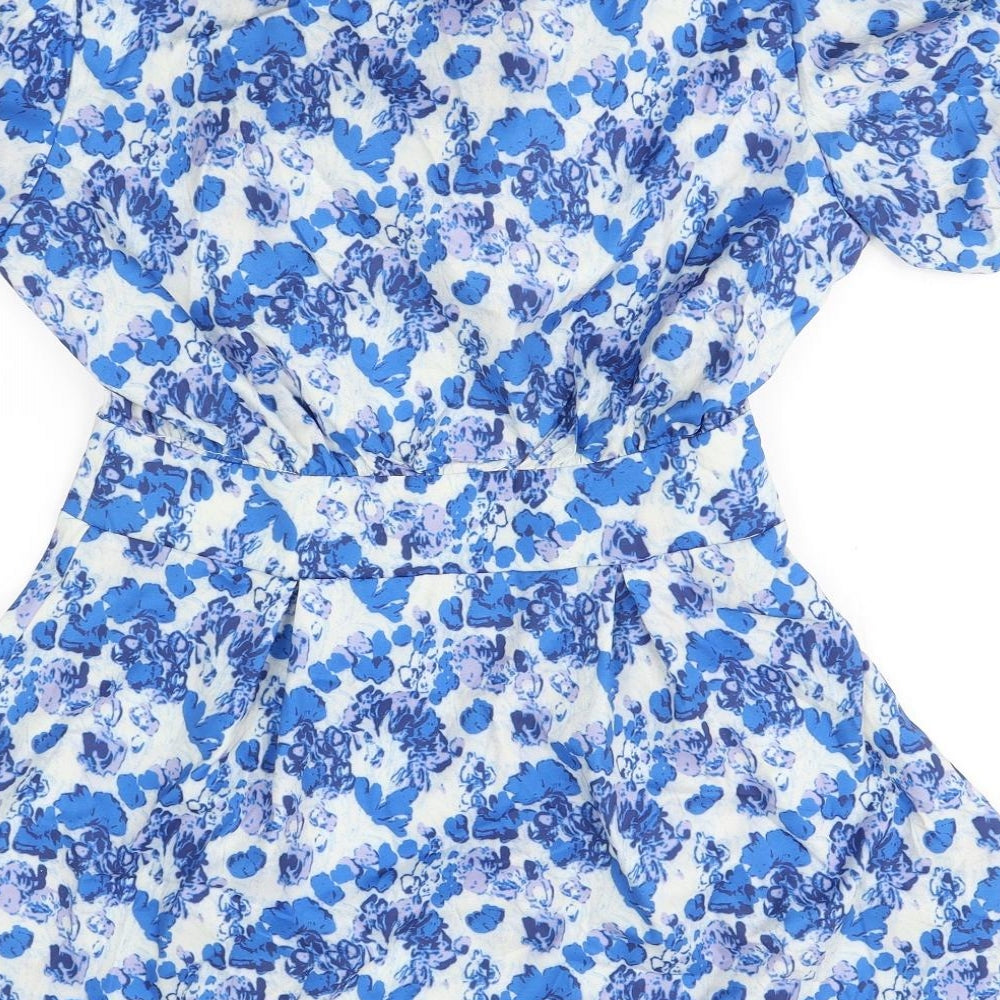 SheIn Womens Blue Floral Polyester A-Line  Size L  V-Neck