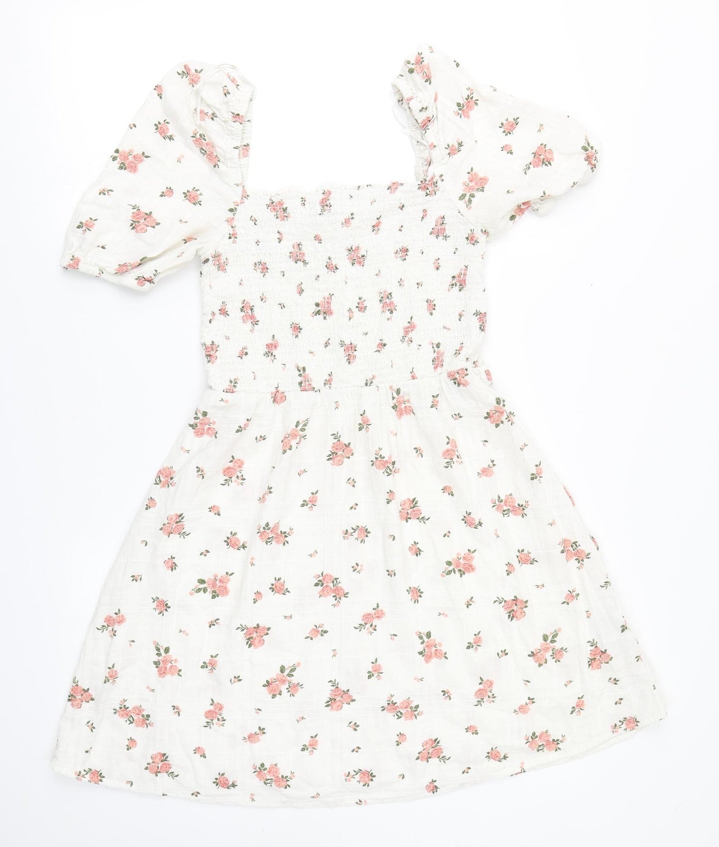 New Look Womens White Floral Cotton A-Line  Size 12  Square Neck
