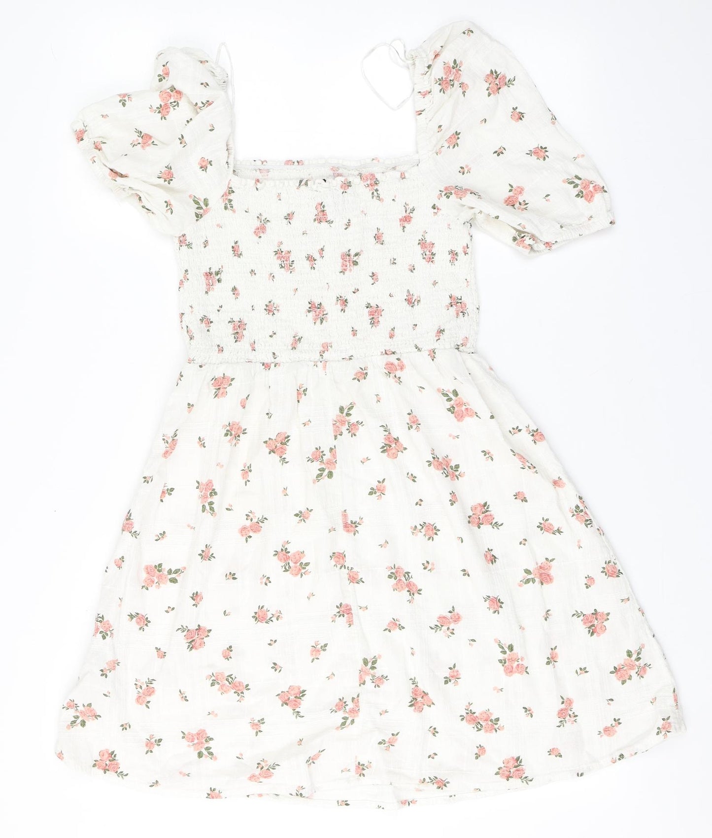 New Look Womens White Floral Cotton A-Line  Size 12  Square Neck