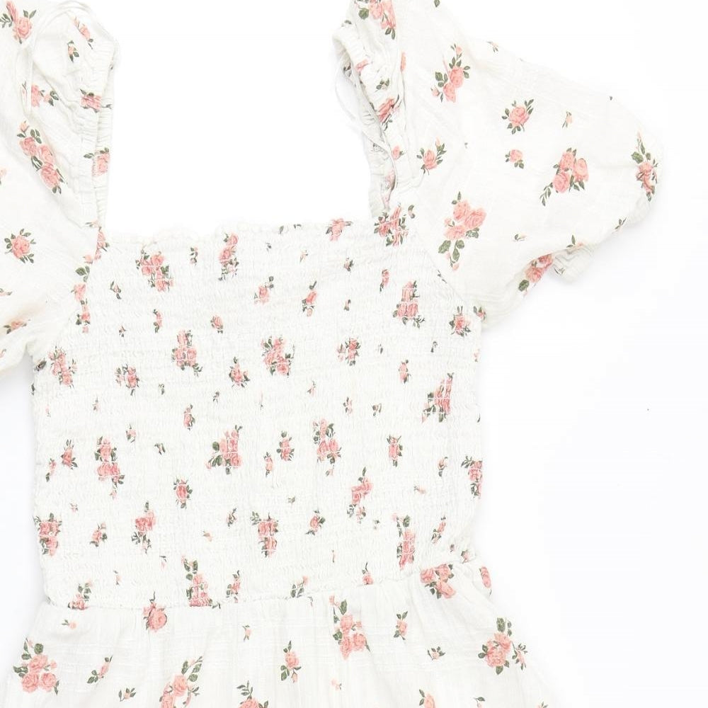 New Look Womens White Floral Cotton A-Line  Size 12  Square Neck