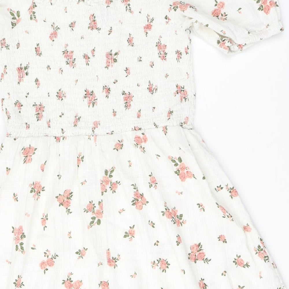 New Look Womens White Floral Cotton A-Line  Size 12  Square Neck
