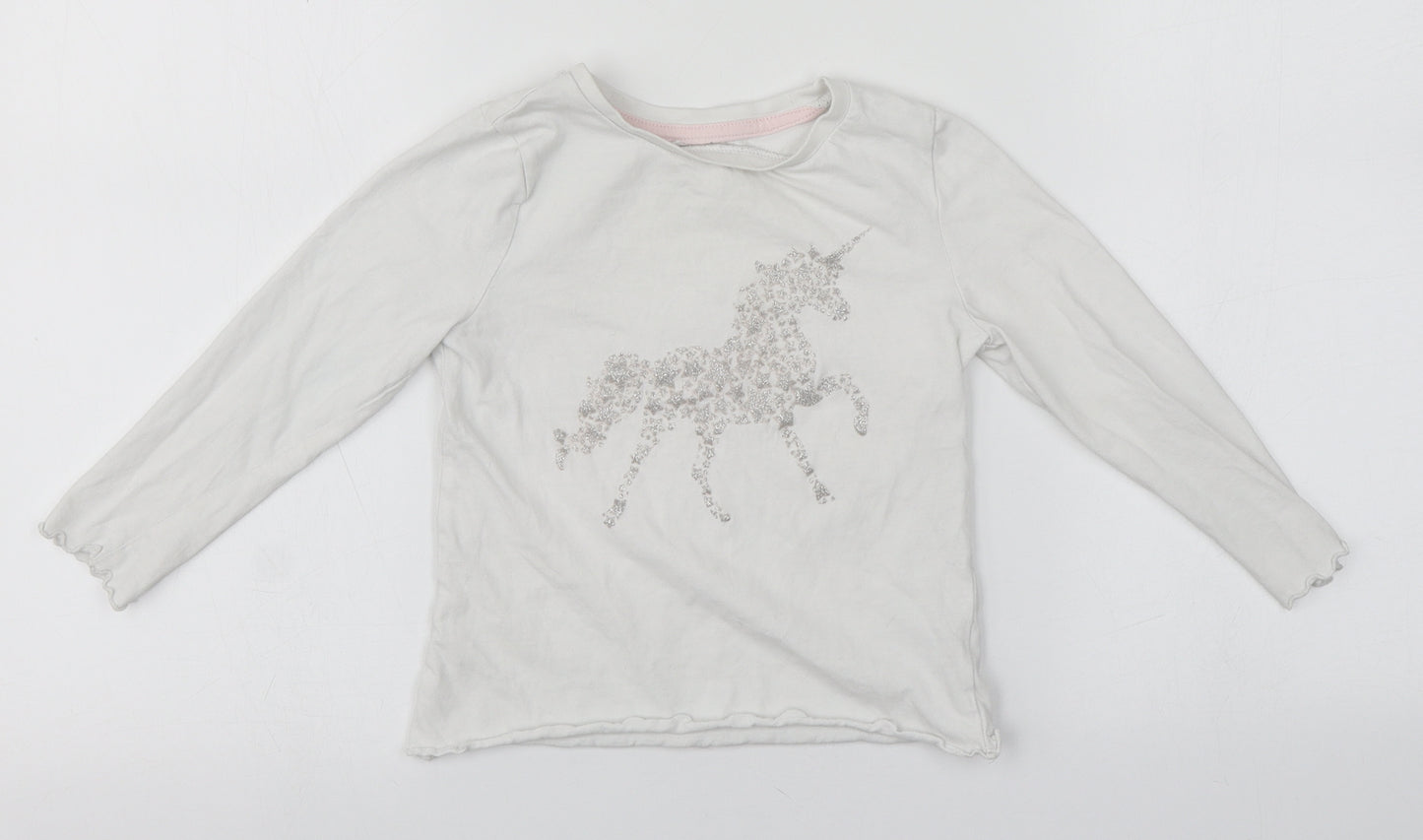 George Girls White  Cotton Basic T-Shirt Size 4-5 Years Round Neck  - Unicorn