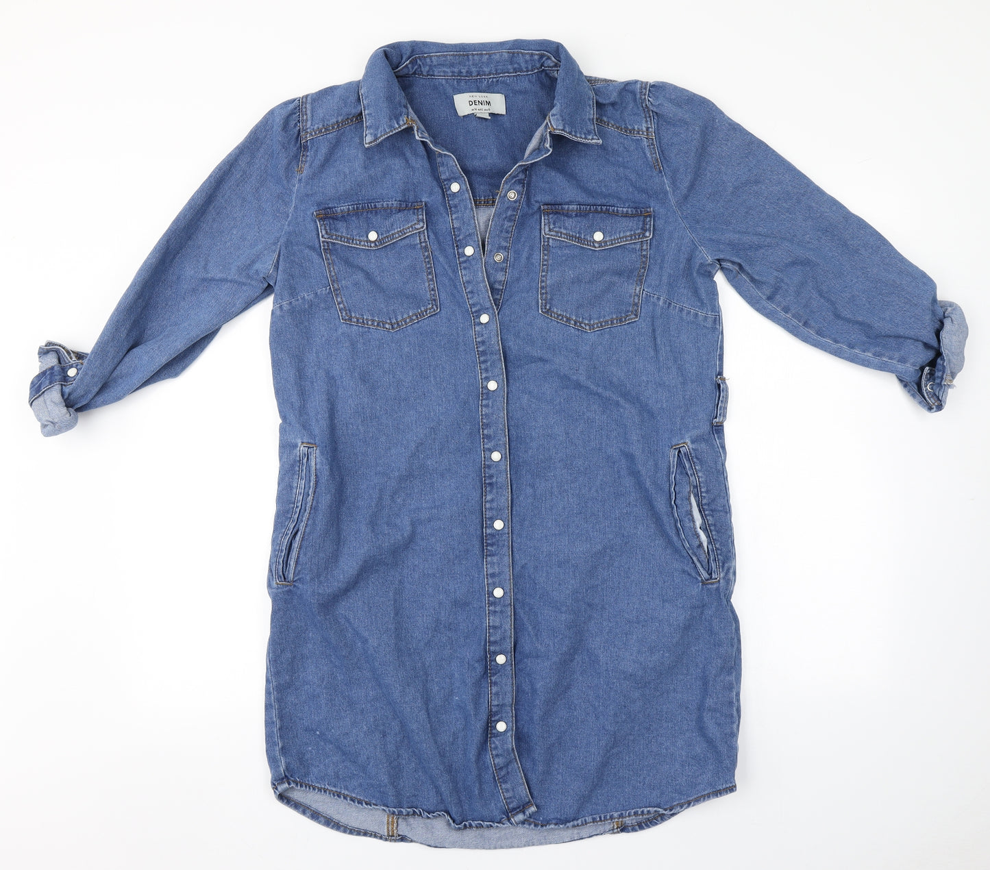New Look Womens Blue  Cotton Basic Button-Up Size 14 Collared