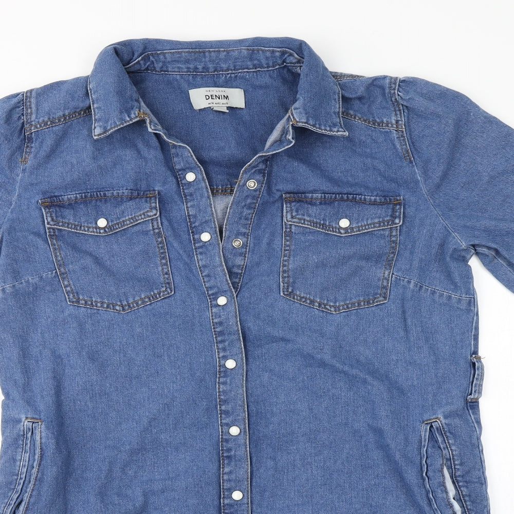 New Look Womens Blue  Cotton Basic Button-Up Size 14 Collared