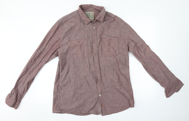 Easy Mens Grey Cotton Button-Up Size L Collared
