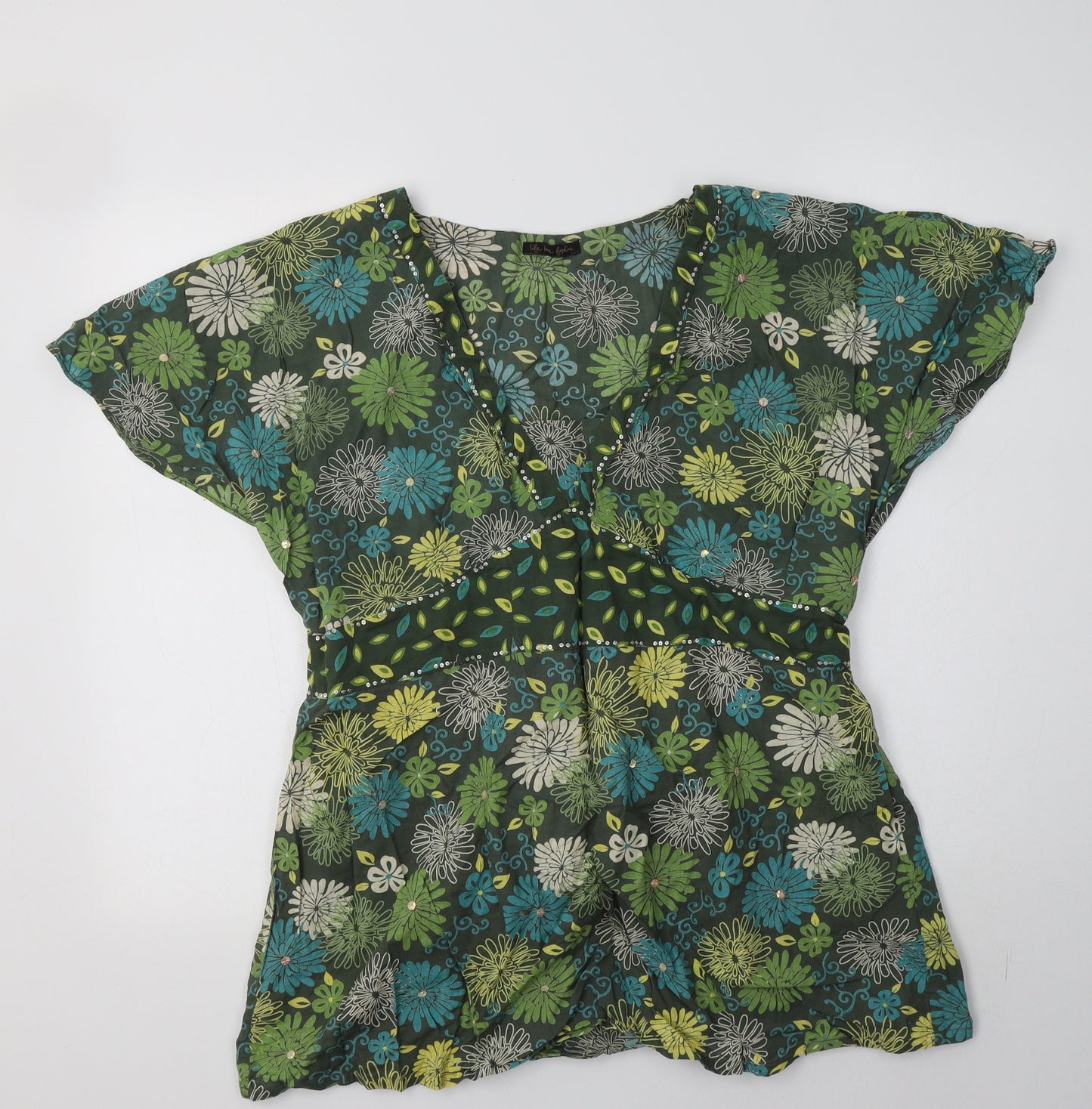 E-vie Womens Green Floral Cotton Basic Blouse Size 16 V-Neck