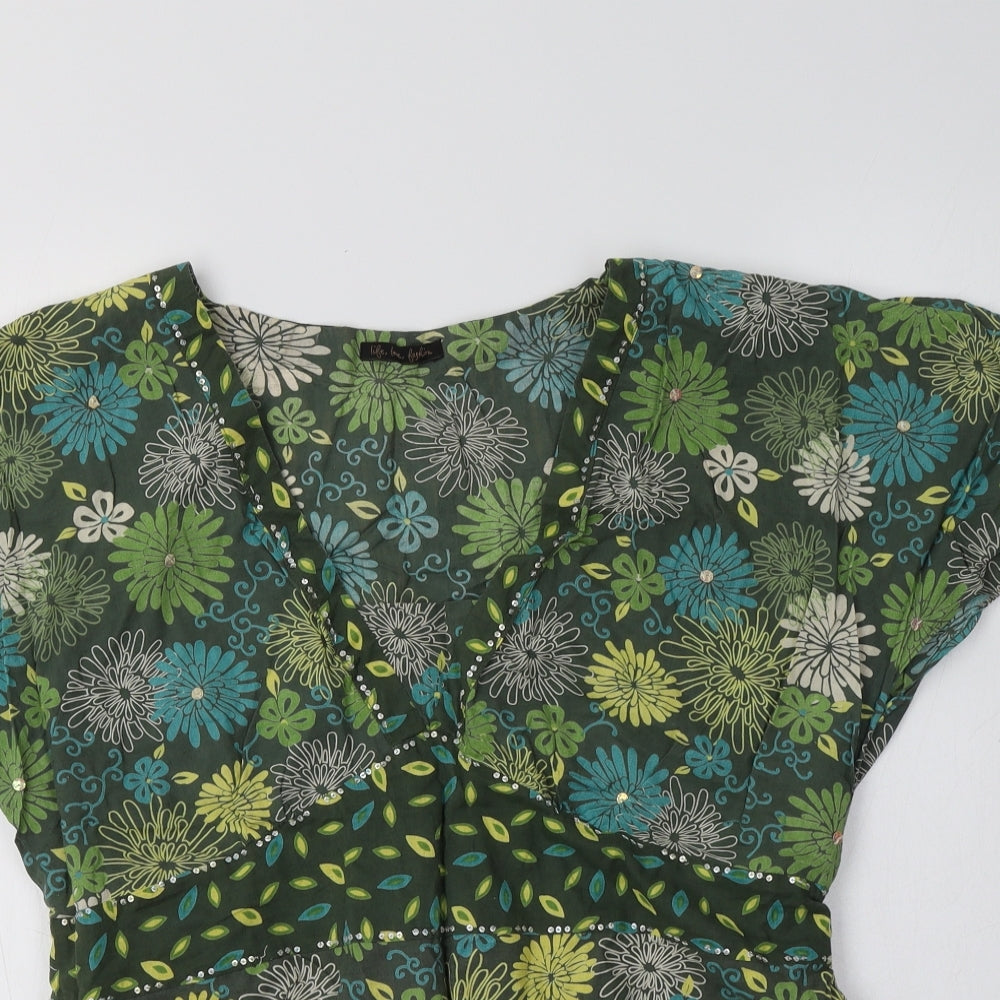 E-vie Womens Green Floral Cotton Basic Blouse Size 16 V-Neck