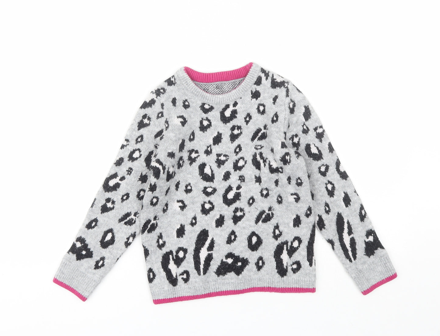 Nutmeg Girls Grey Round Neck Animal Print Acrylic Pullover Jumper Size 7-8 Years