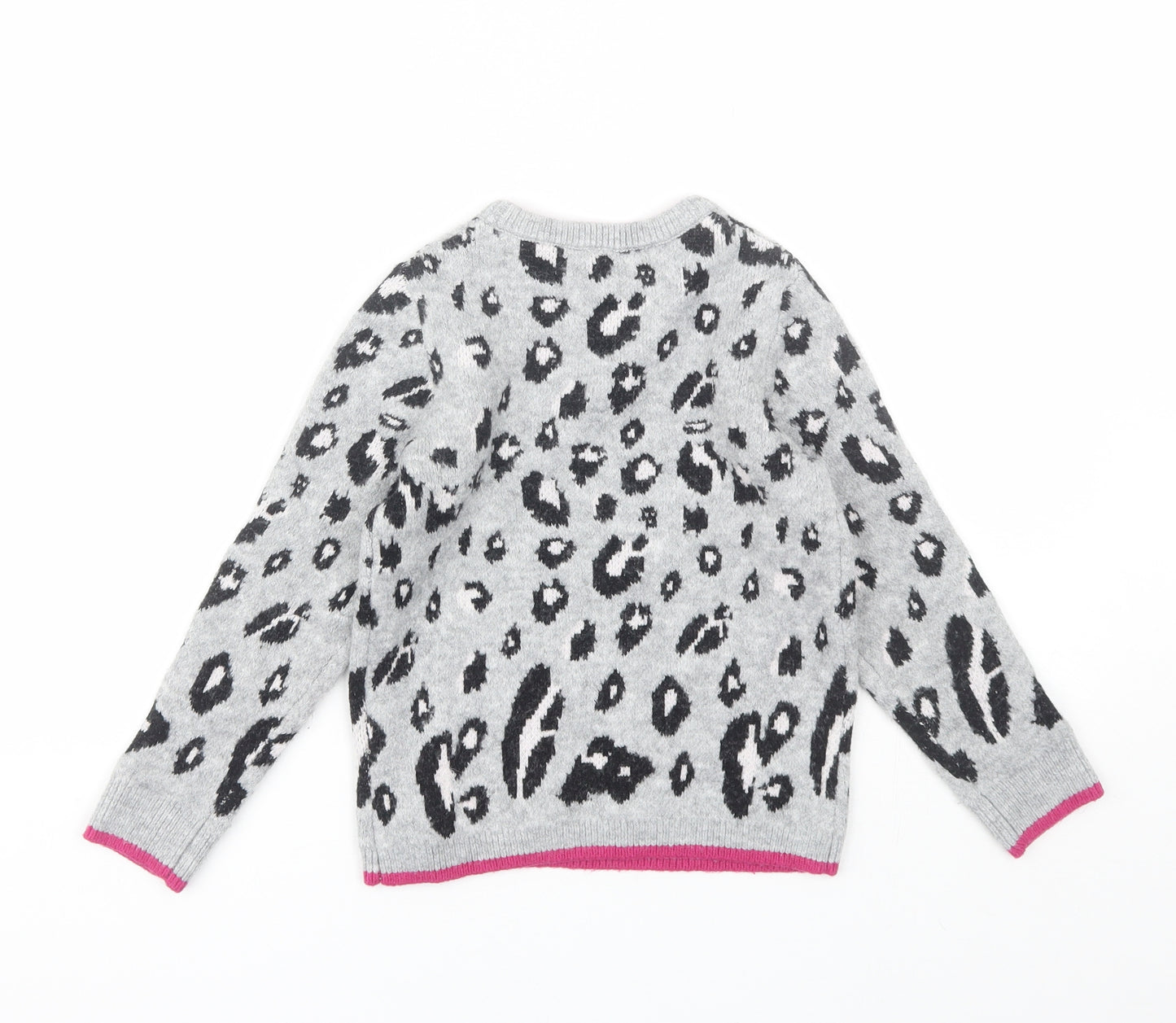 Nutmeg Girls Grey Round Neck Animal Print Acrylic Pullover Jumper Size 7-8 Years