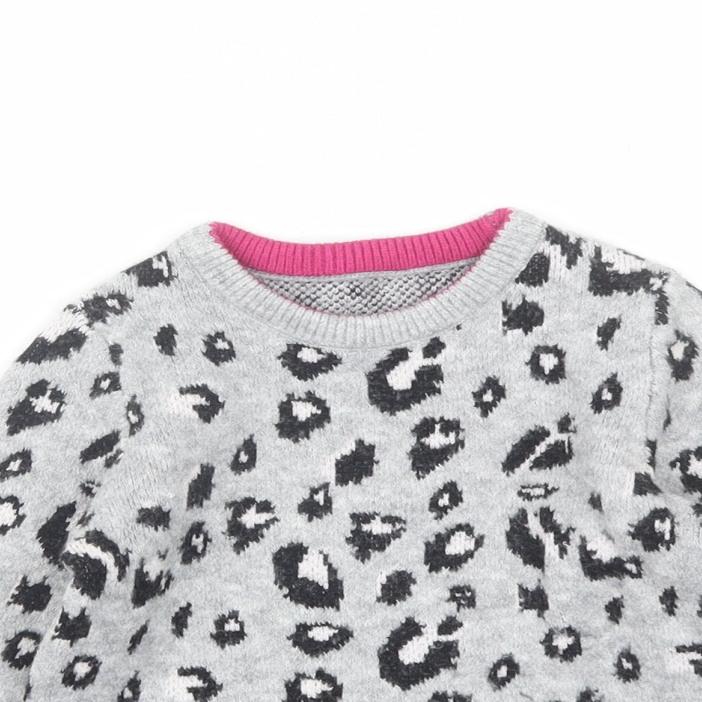 Nutmeg Girls Grey Round Neck Animal Print Acrylic Pullover Jumper Size 7-8 Years