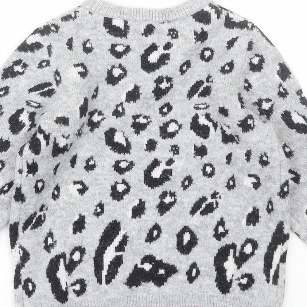 Nutmeg Girls Grey Round Neck Animal Print Acrylic Pullover Jumper Size 7-8 Years