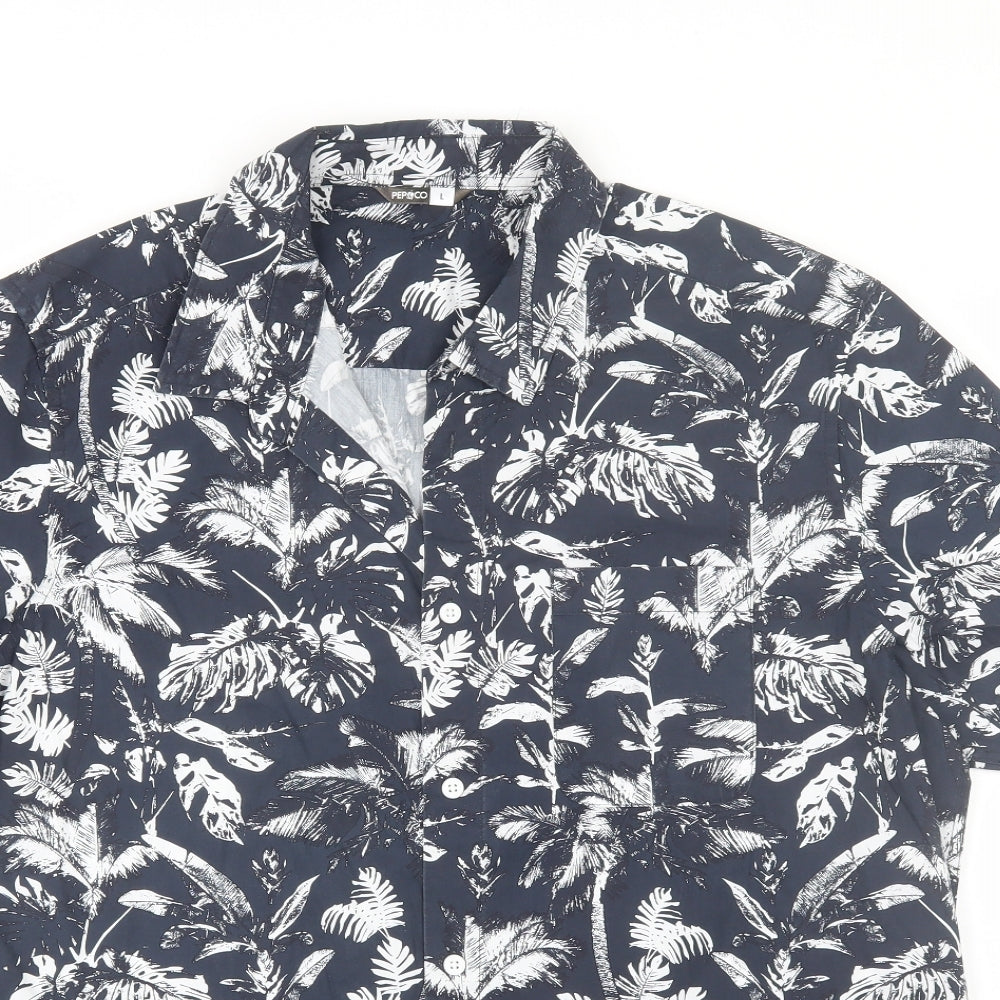 Pep&Co Mens Blue Floral Cotton  Button-Up Size L Collared