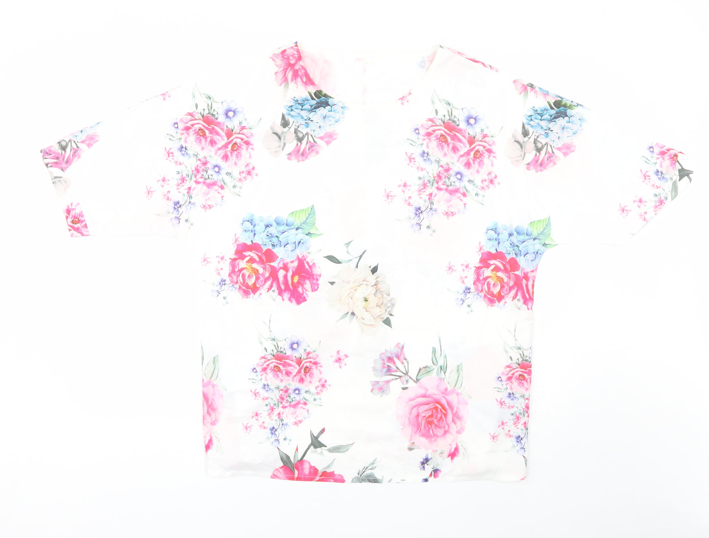 Preworn Womens White Floral Polyester Basic Blouse Size 2XL Round Neck