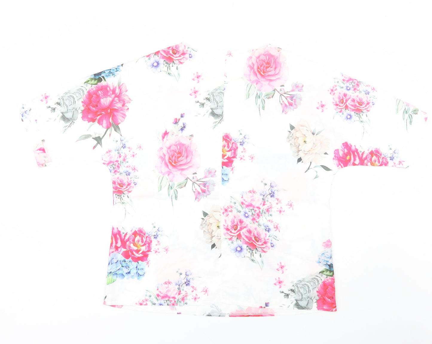 Preworn Womens White Floral Polyester Basic Blouse Size 2XL Round Neck