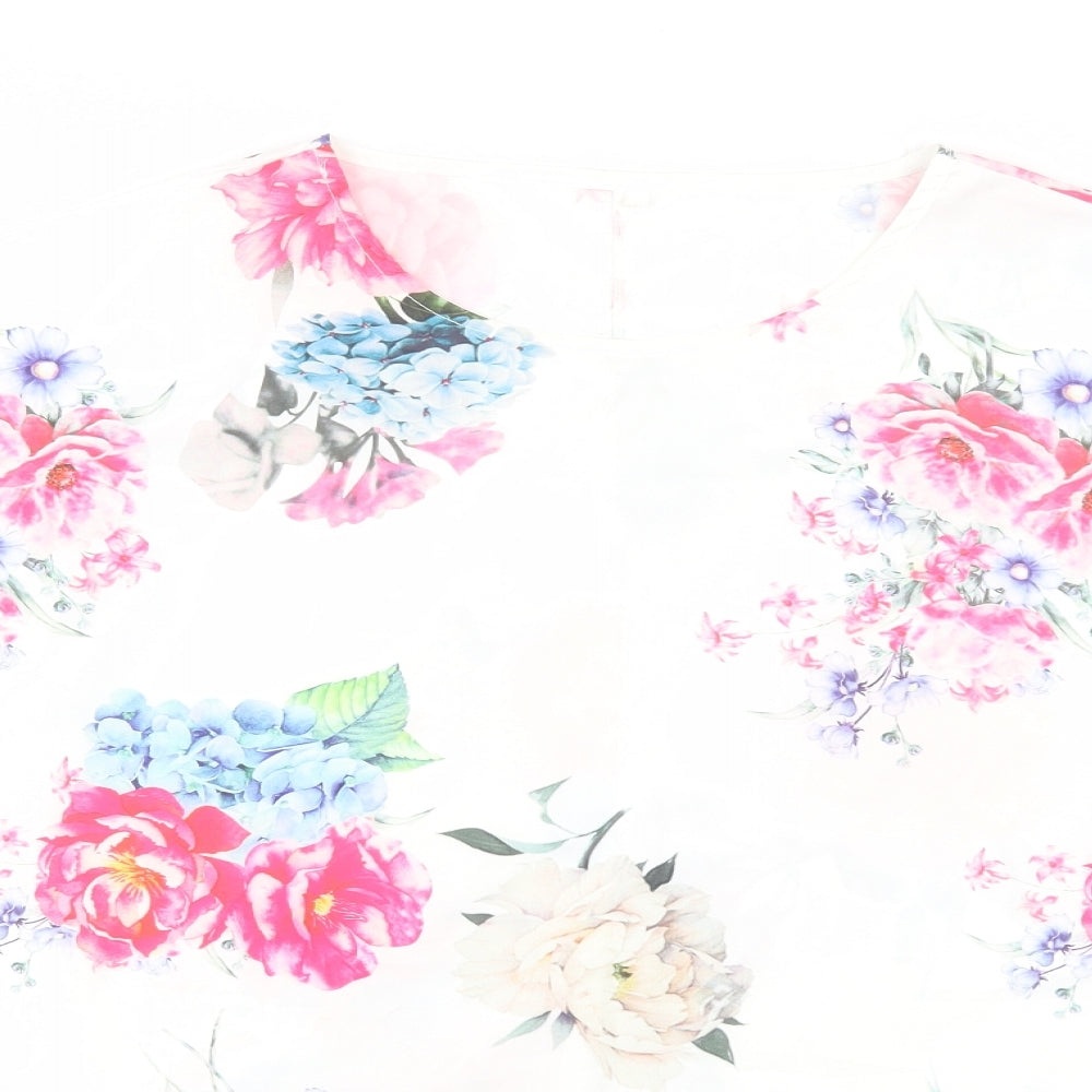 Preworn Womens White Floral Polyester Basic Blouse Size 2XL Round Neck