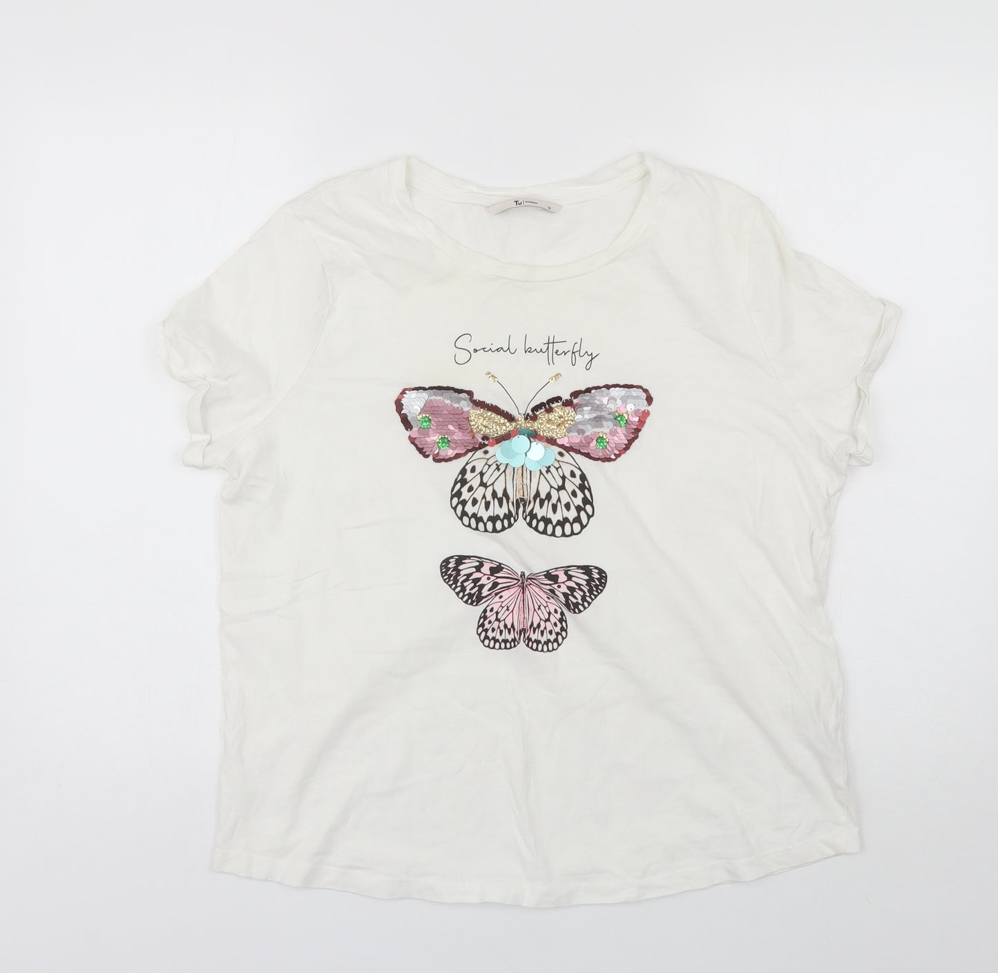TU Womens White  Cotton Basic T-Shirt Size 16 Round Neck - Butterfly