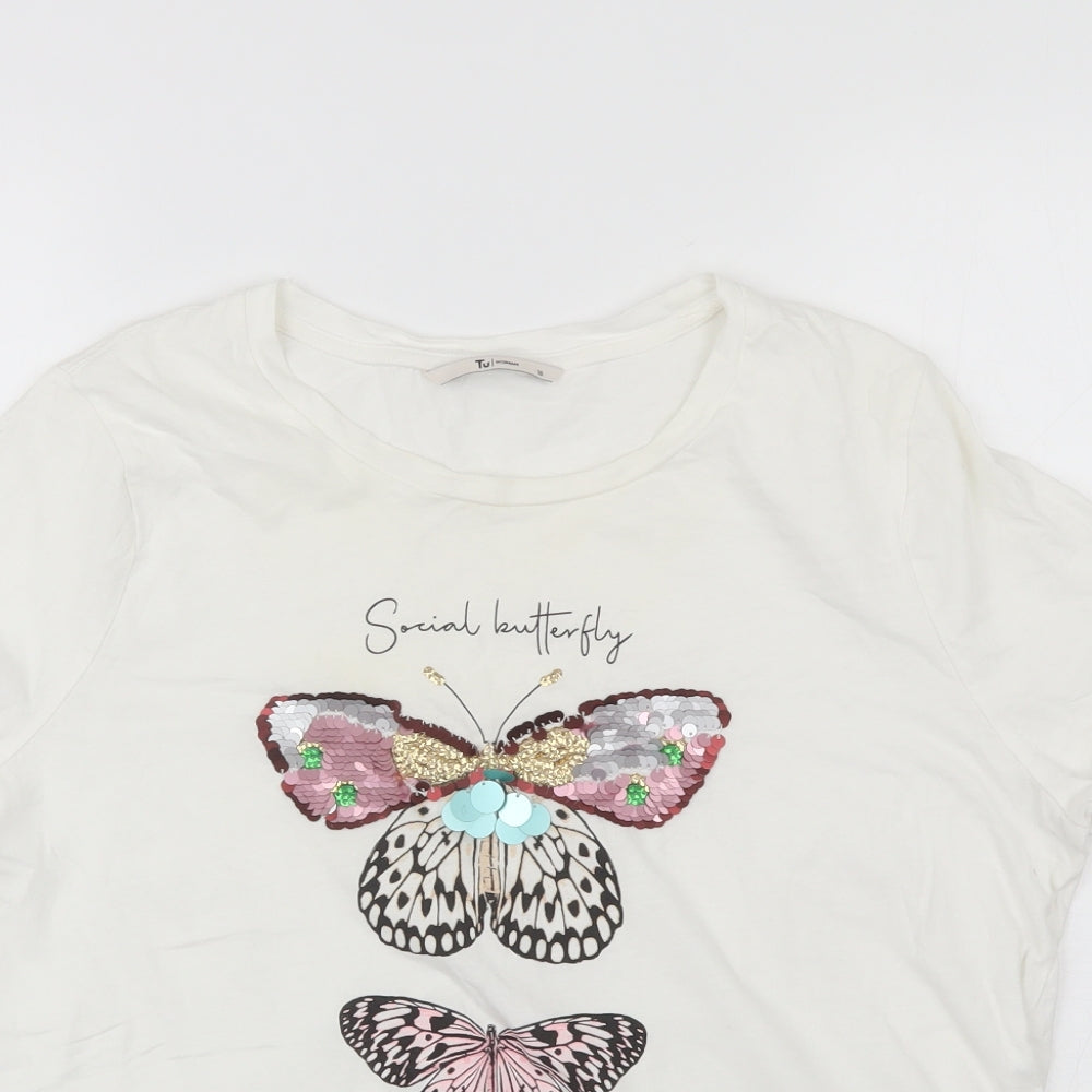 TU Womens White  Cotton Basic T-Shirt Size 16 Round Neck - Butterfly