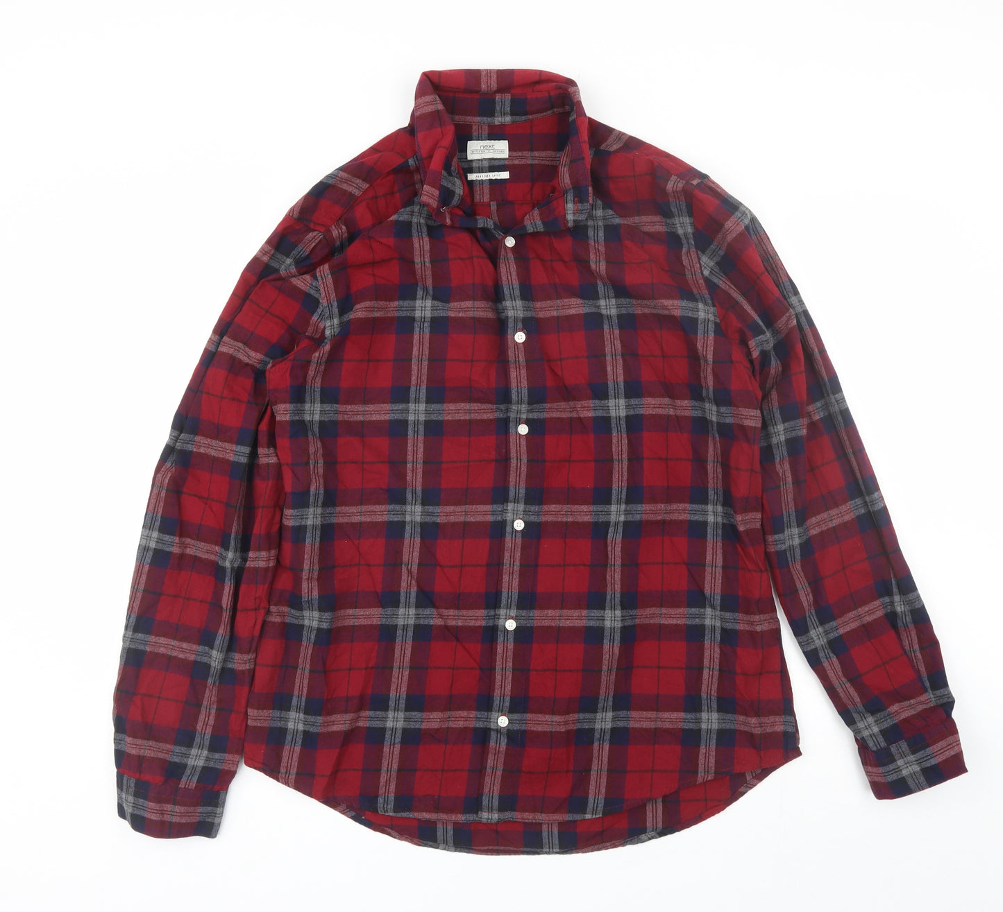 NEXT Mens Red Plaid Cotton  Button-Up Size L Collared