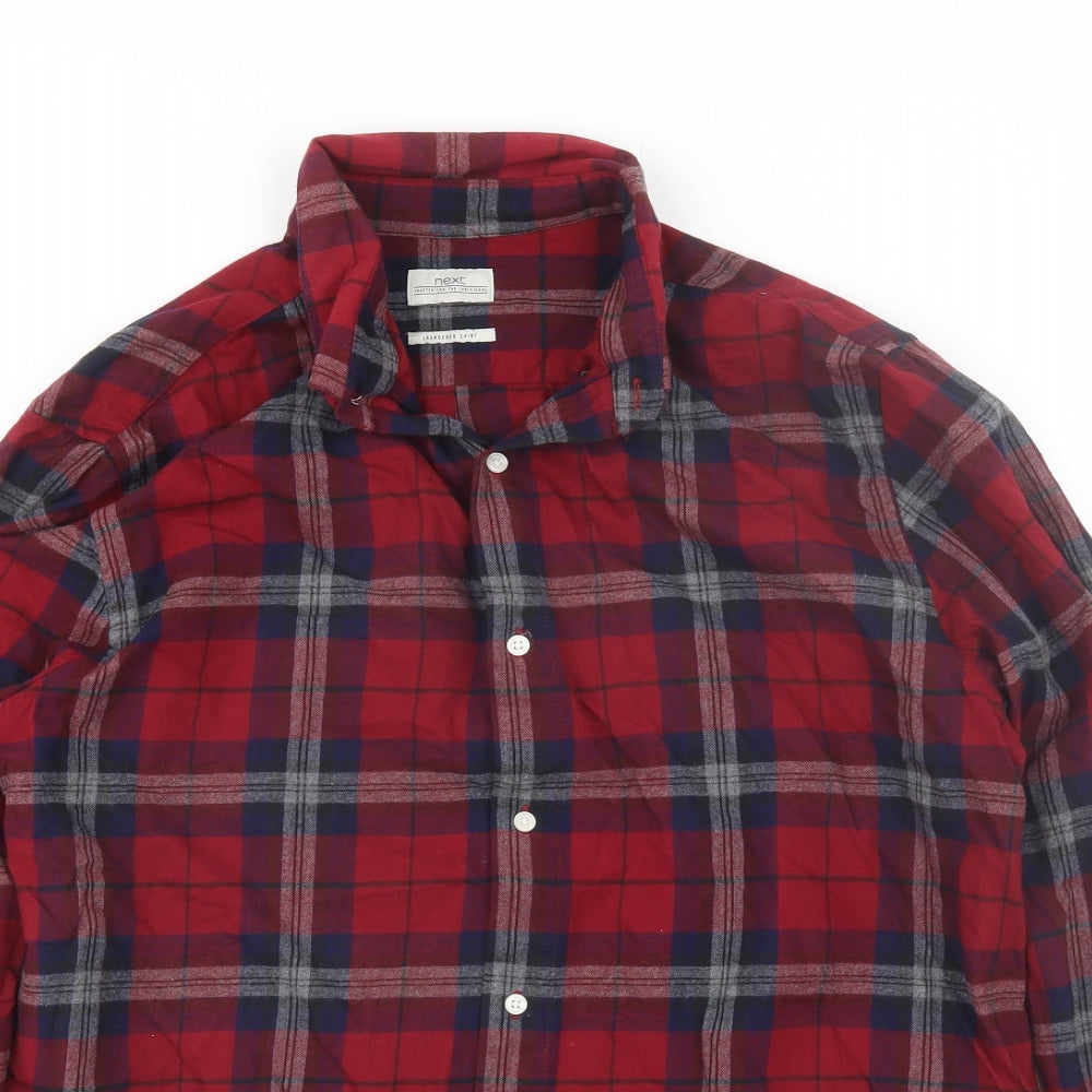 NEXT Mens Red Plaid Cotton  Button-Up Size L Collared