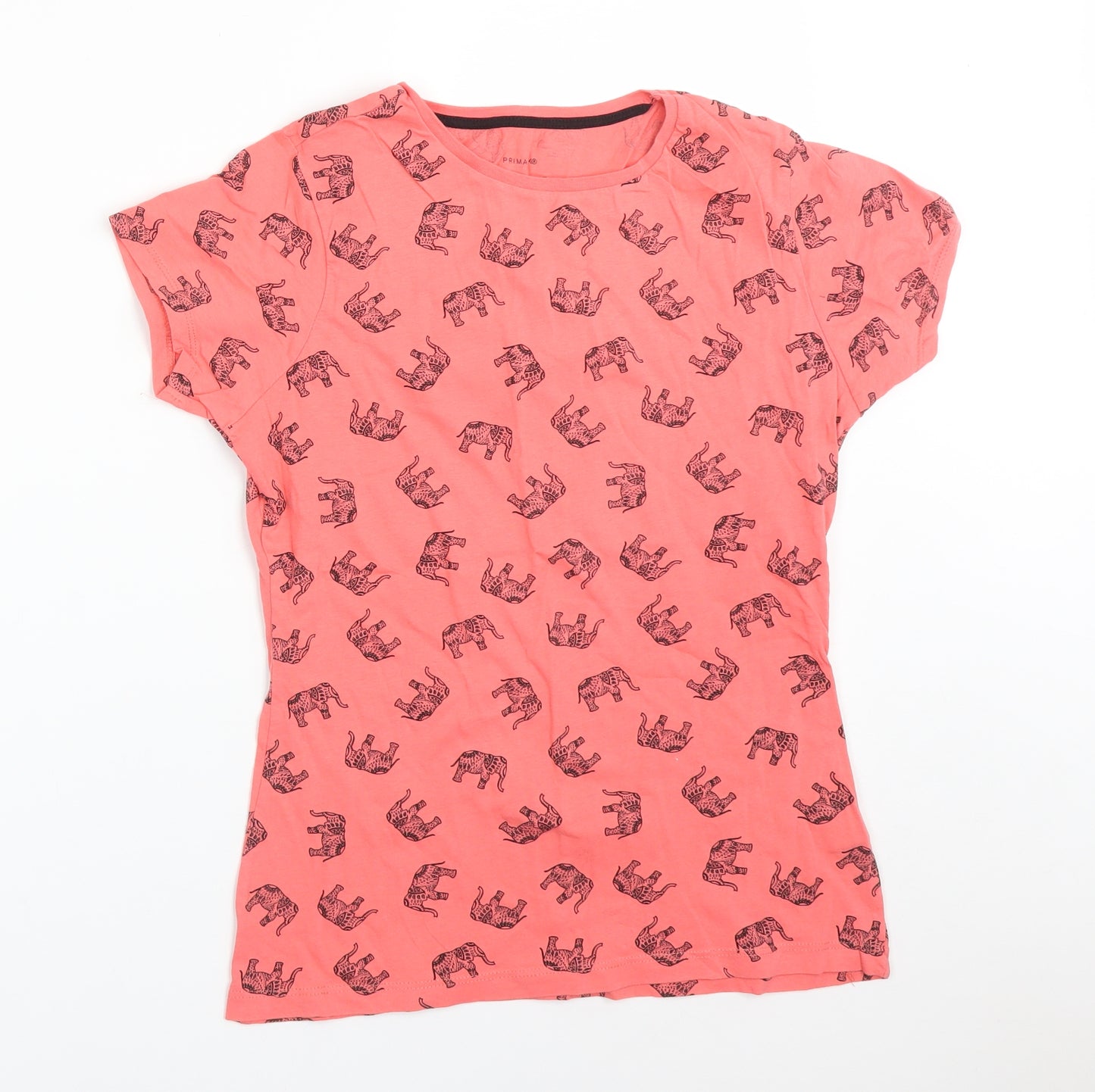 Primark Womens Pink Animal Print Cotton Basic T-Shirt Size 12 Crew Neck - ELEPHANTS