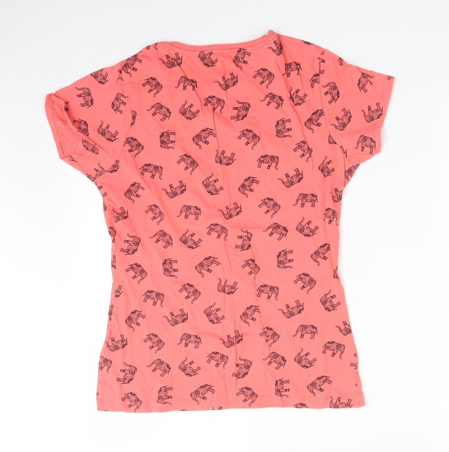 Primark Womens Pink Animal Print Cotton Basic T-Shirt Size 12 Crew Neck - ELEPHANTS