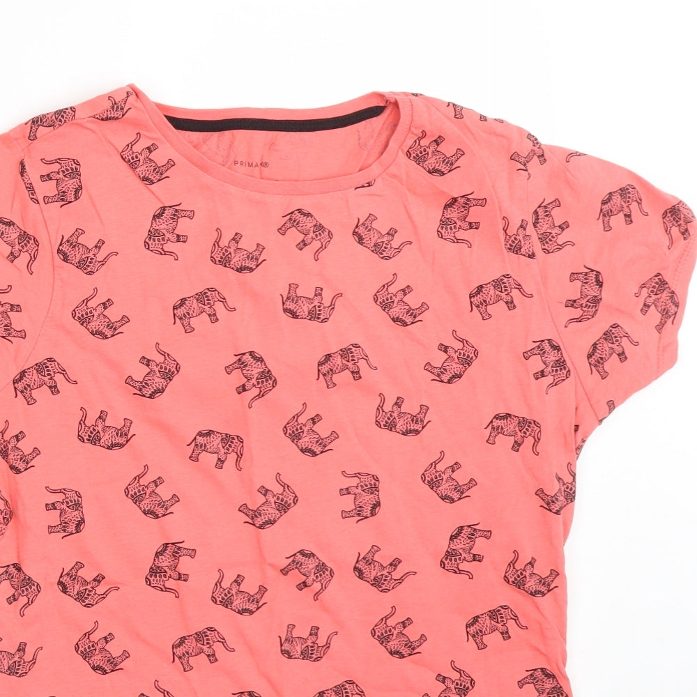 Primark Womens Pink Animal Print Cotton Basic T-Shirt Size 12 Crew Neck - ELEPHANTS