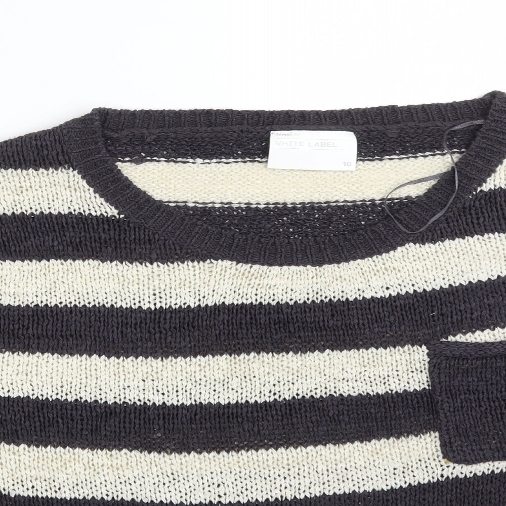 WHITE LABEL Womens Multicoloured Striped Acrylic Basic T-Shirt Size 10 Round Neck