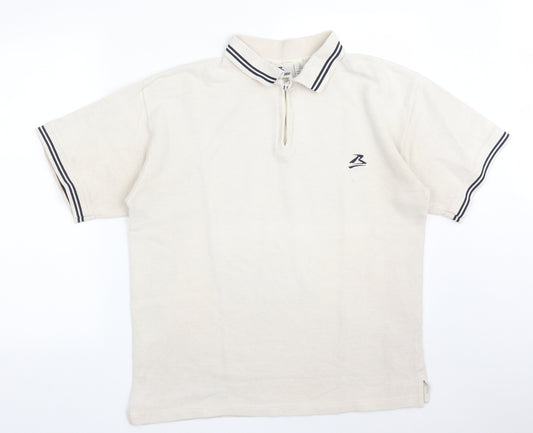 Front view of BLUE STONE men’s beige cotton polo, size S, collared