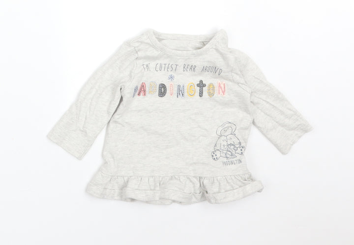 George Girls Grey  Cotton Basic T-Shirt Size 0-3 Months Round Neck  - THE CUTEST BEAR AROUND PADDINGTON