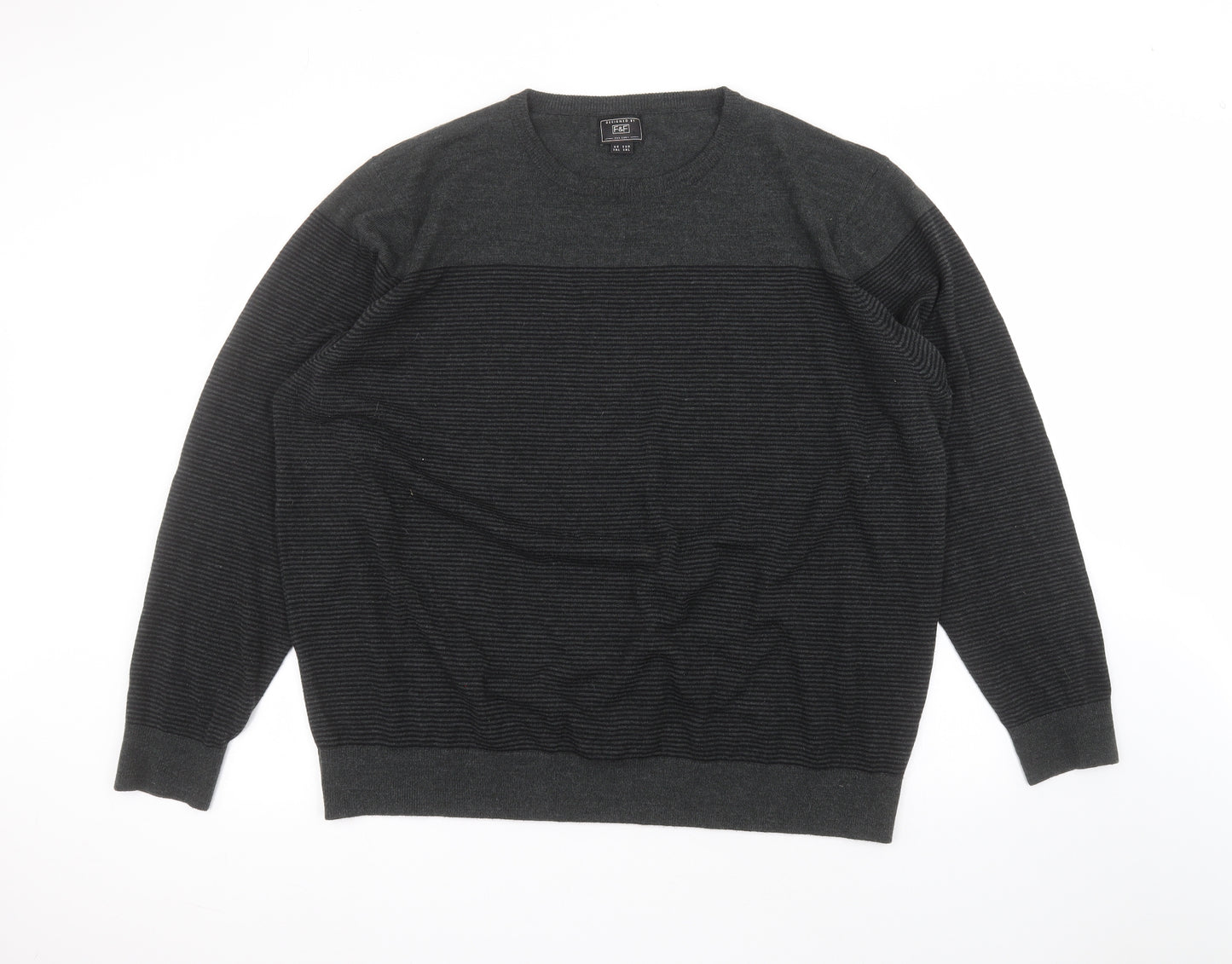 F&F Mens Black Round Neck Striped Acrylic Pullover Jumper Size 3XL