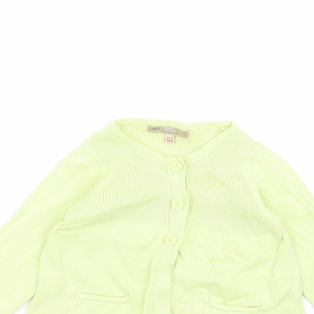 Marks and Spencer Girls Green Round Neck  Cotton Cardigan Jumper Size 2-3 Years