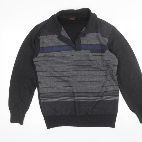 Clavel Mens Grey Collared Striped Acrylic Pullover Jumper Size M