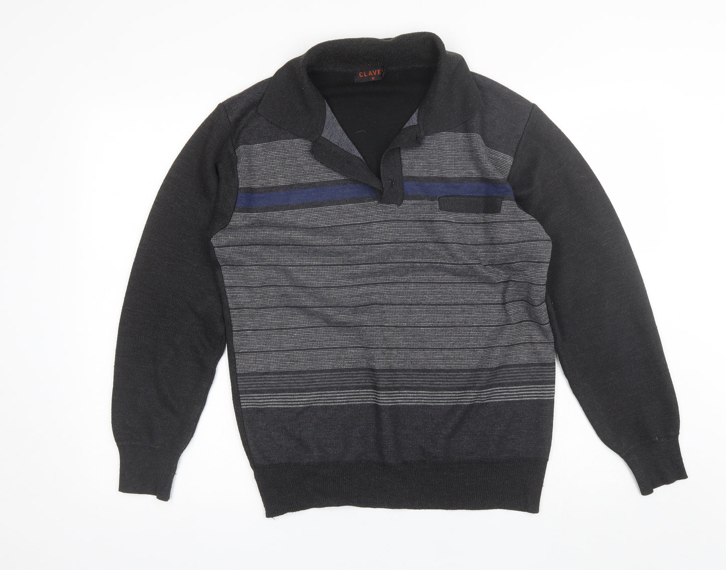 Clavel Mens Grey Collared Striped Acrylic Pullover Jumper Size M