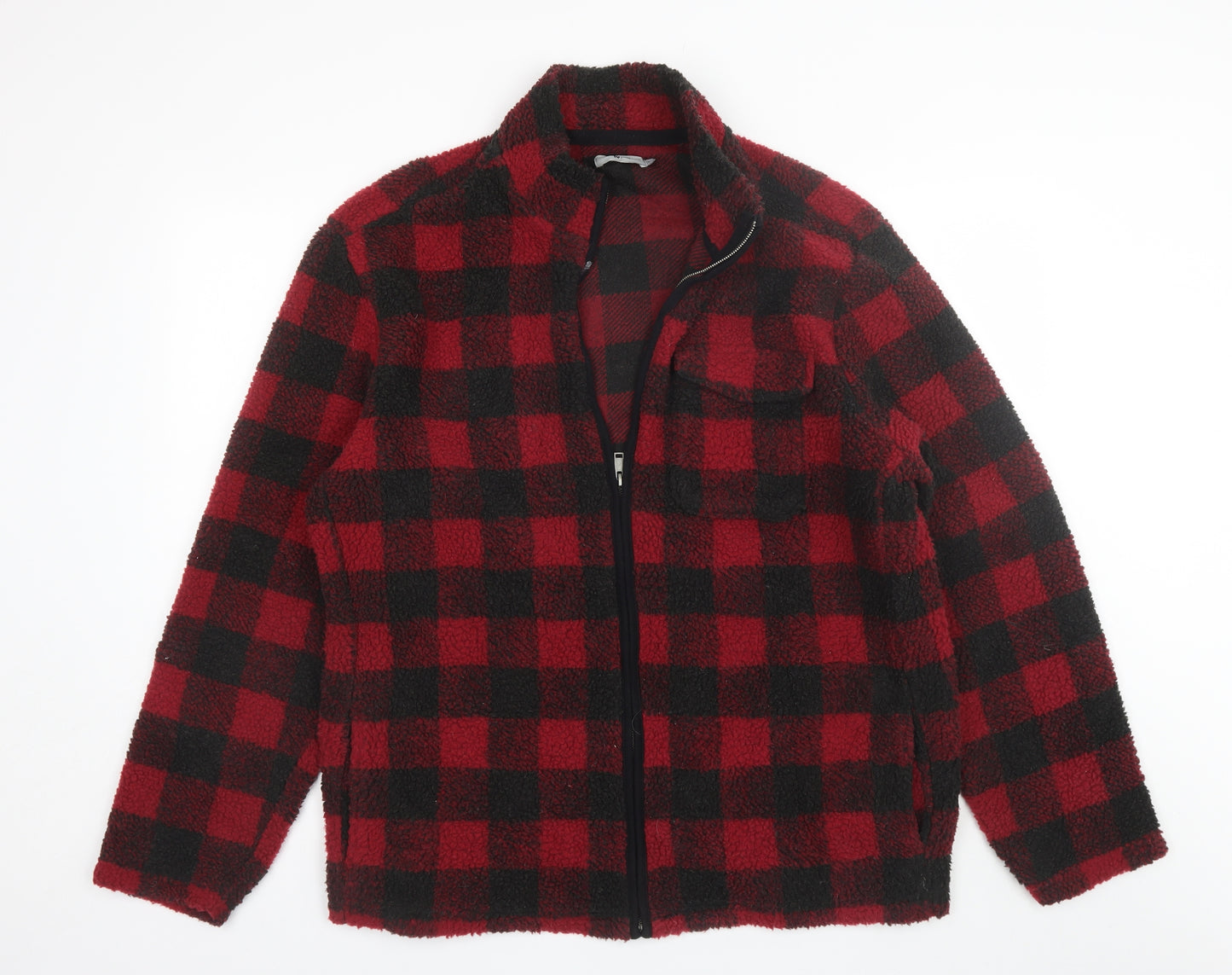 TU Mens Red Collared Plaid Polyester Full Zip Jumper Size L