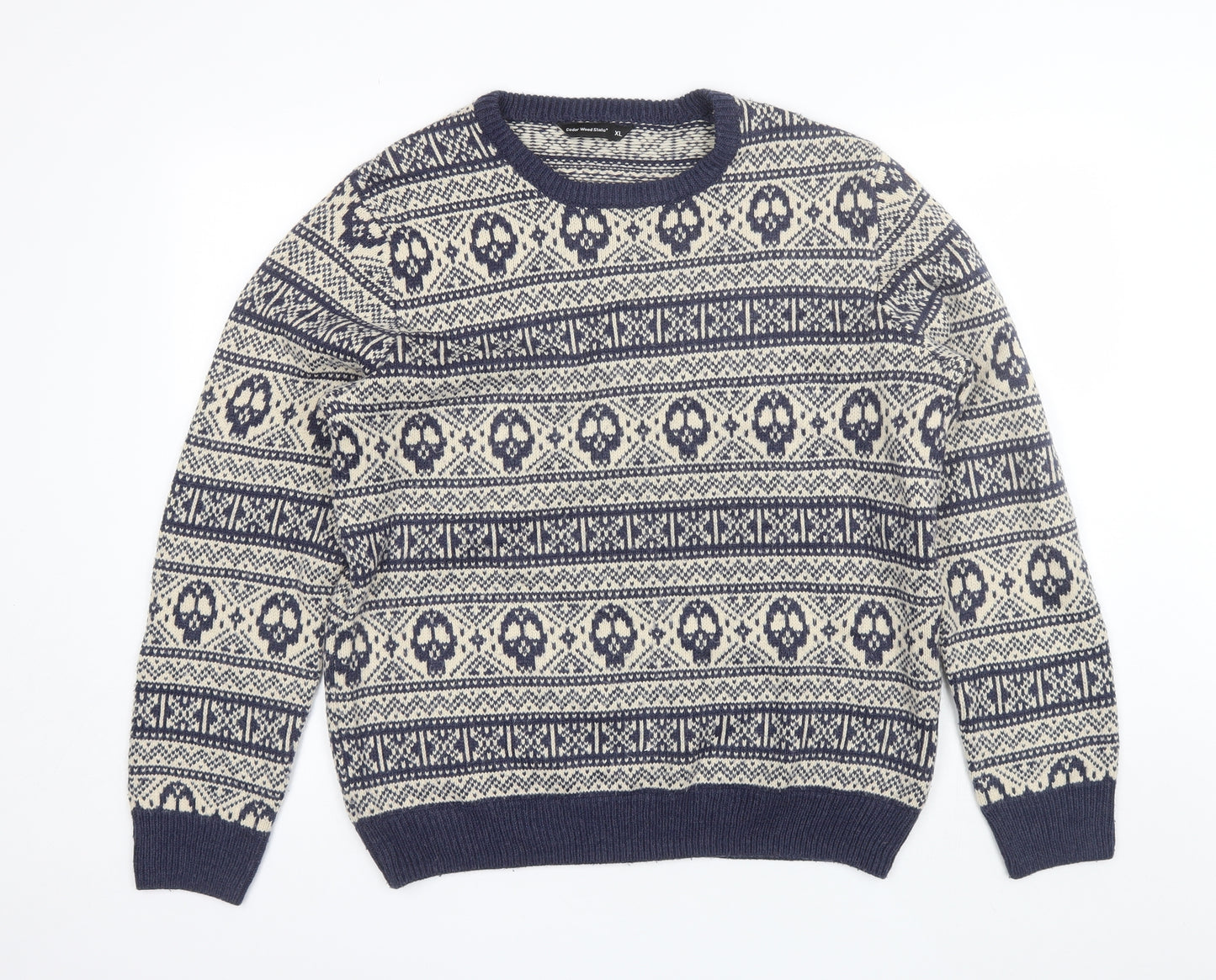 Cedar Wood State Mens Blue Round Neck Fair Isle Acrylic Pullover Jumper Size XL