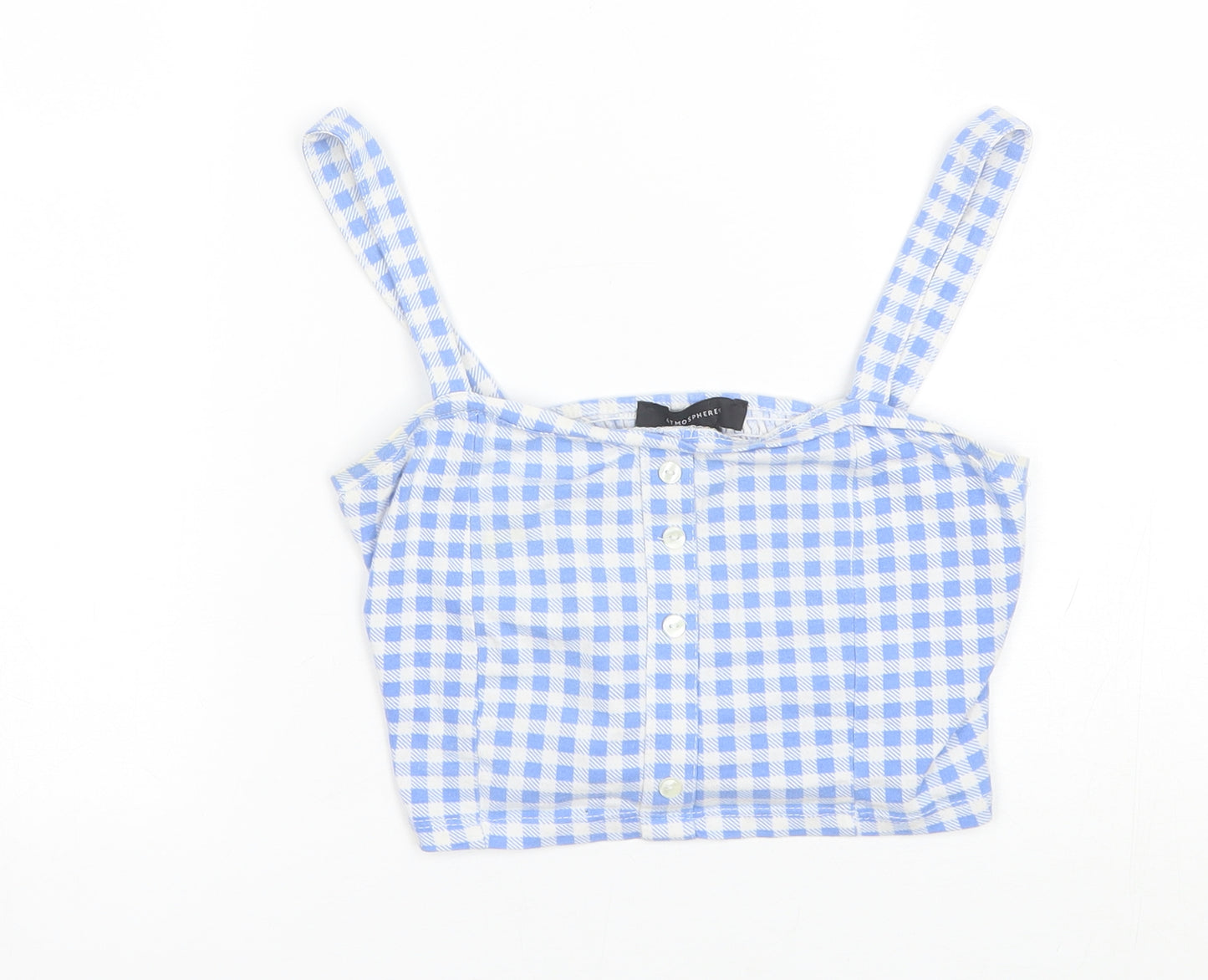 Atmosphere Womens Blue Check Cotton Cropped Blouse Size 10 Square Neck