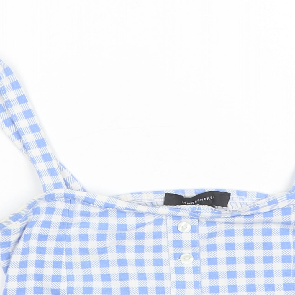 Atmosphere Womens Blue Check Cotton Cropped Blouse Size 10 Square Neck