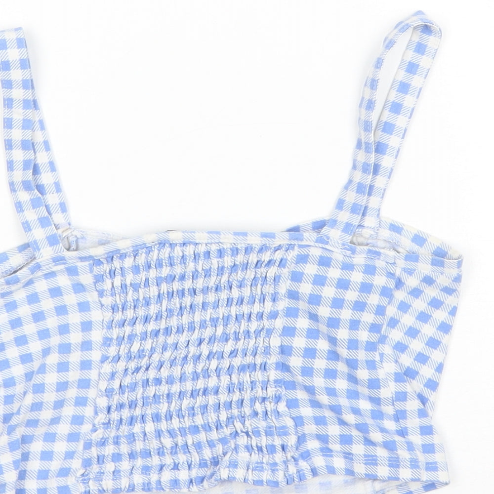Atmosphere Womens Blue Check Cotton Cropped Blouse Size 10 Square Neck